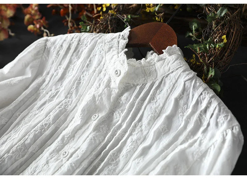 Fall clothes 2025 women cotton fine elegant blouses for women boho long sleeve lace embroider white blouses for lady tops