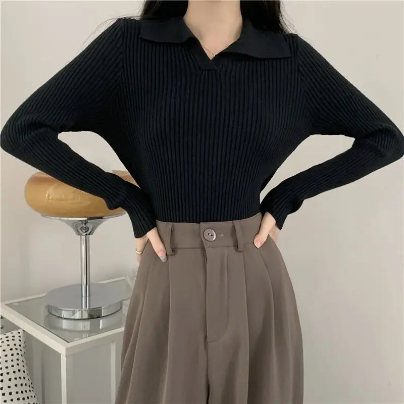Autumn Winter Women Lapel Pullover Sweaters Basic Long Sleeve Knitted Sweater for Woman Solid Color Jersey Tops Clothes Mujer