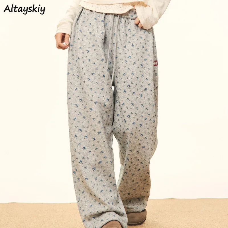 Wide Leg Pants Women Drawstring Design Loose Plus Velvet Warm College Students Autumn Winter All-match Elastic Waist Fashion Ins