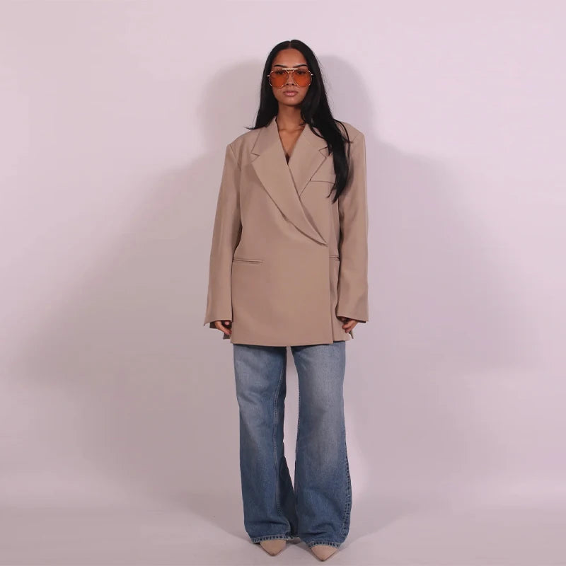 Oversize Elegant Suit Jacket Women Coat Single Breasted Shoulder Pads Notched Commute Pocket Split Street 2025 Summer Outwear