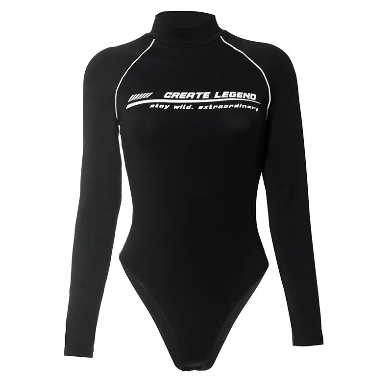 Long Sleeve Body Suits Women Fall Winter Clothes Letter Printed Black White Graphic Tops Y2k Streetwear
