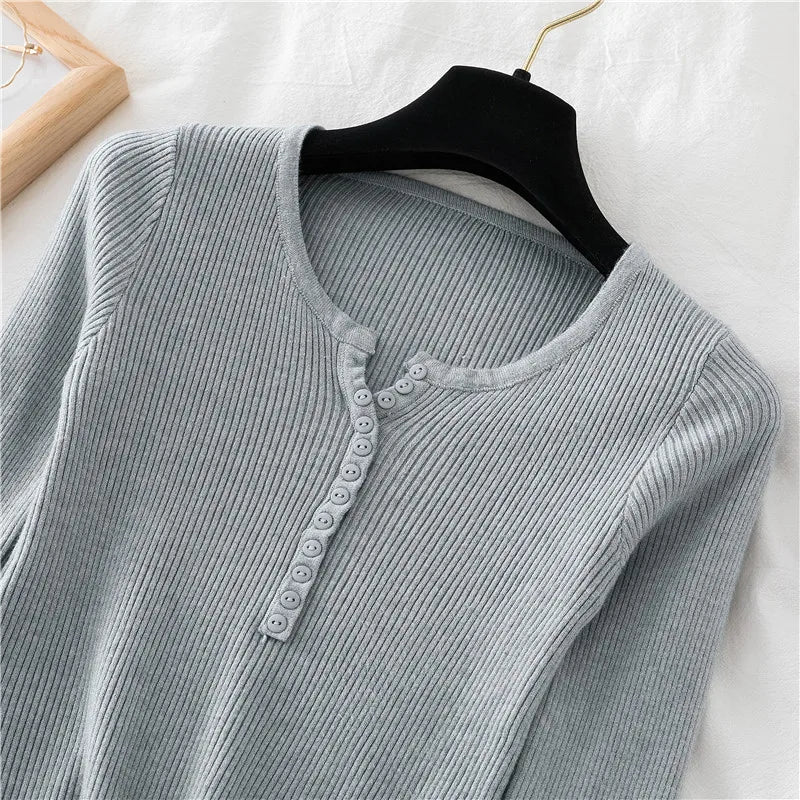 2025 Autumn Winter Button V Neck Sweater Women Basic Slim Pullover Women Sweaters And Pullovers Knit Jumper Soft Warm Tops