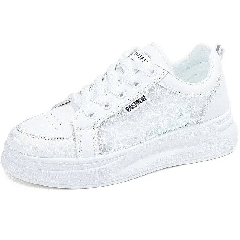 Women's Shoes Summer 2023 Fashion Casual White Shoes Lace  Breathable Hollow Mesh Platform Flat Shoes Woman Sneakers