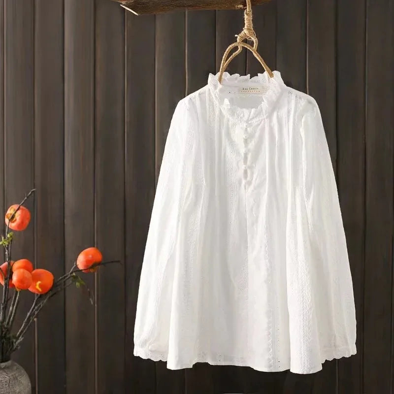 Bohemian Shirts & Blouses Women Pullover Female Korean Fashion Long Sleeve Blue Ruffled Lace Embroidered Cotton Blouses