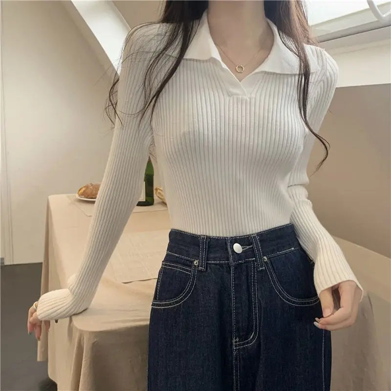 Autumn Winter Women Lapel Pullover Sweaters Basic Long Sleeve Knitted Sweater for Woman Solid Color Jersey Tops Clothes Mujer