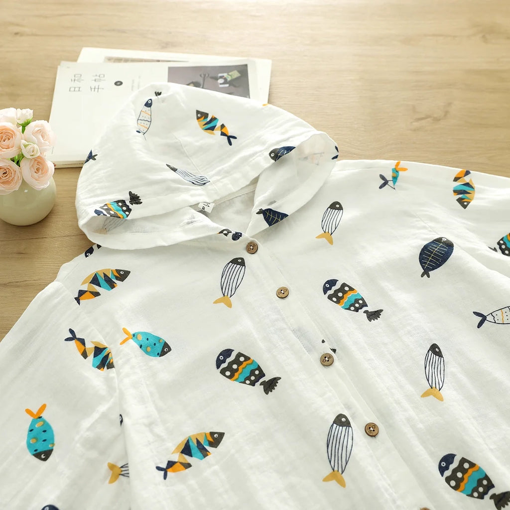 100% Cotton yarn hoodies for women summer Japan style hooded short long solid shirts and blouse big size tops