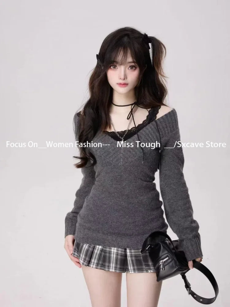Knitted Suits Autumn Winter Woman V-neck French Vintage Long Sleeve Pullovers Knitwears 2000s Aesthetic Korean Sweater Sets Y2k