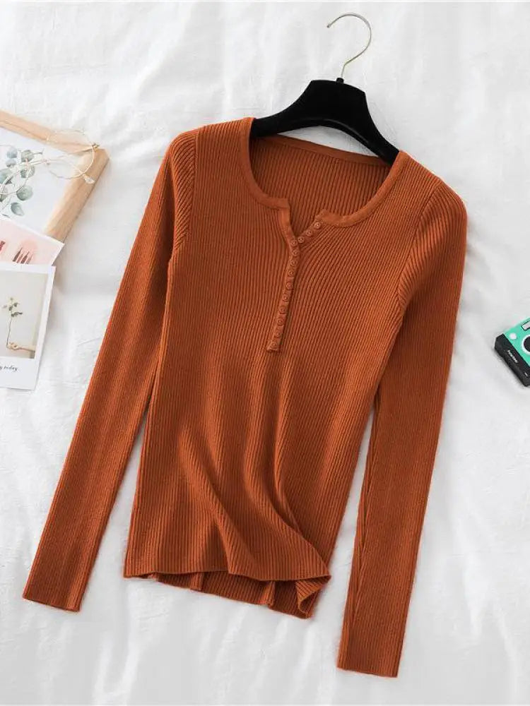 2025 Autumn Winter Button V Neck Sweater Women Basic Slim Pullover Women Sweaters And Pullovers Knit Jumper Soft Warm Tops