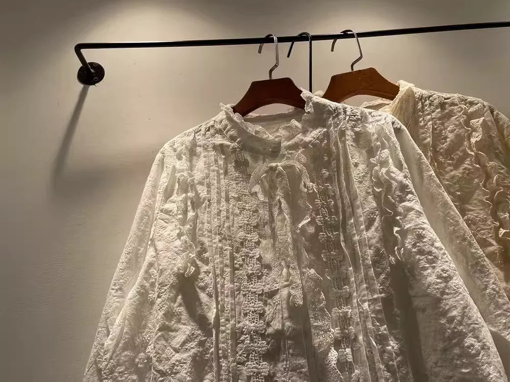 2025 Mori girl Japan style bohemian white beige embroidery shirts long sleeve blouses for women bow blouses boho clothing