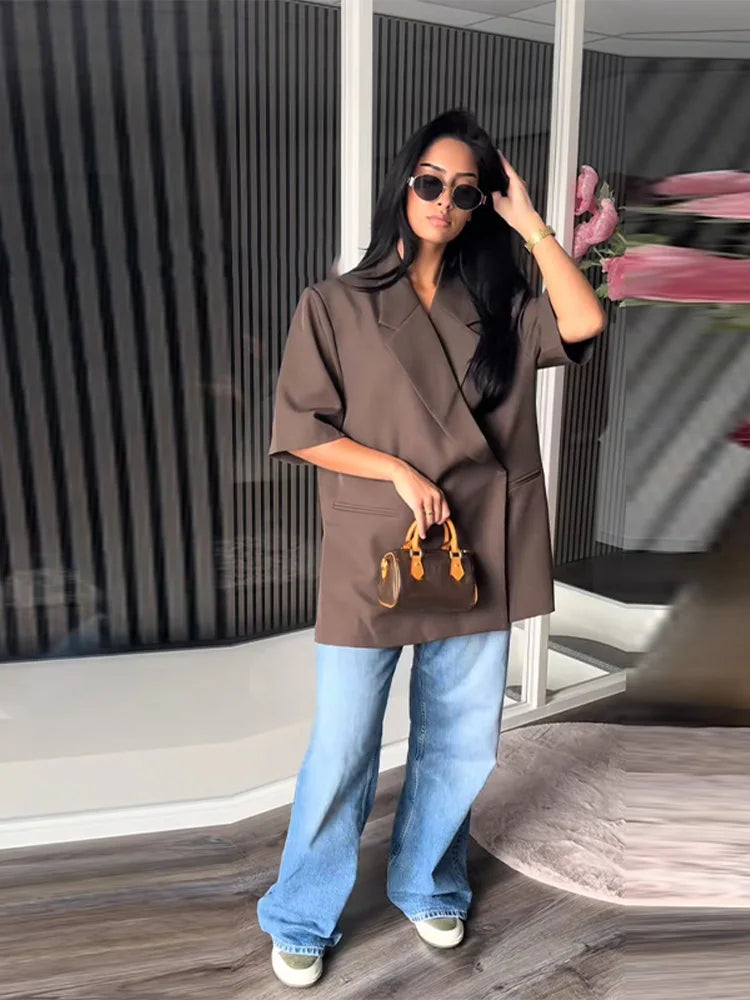 Oversize Elegant Suit Jacket Women Coat Single Breasted Shoulder Pads Notched Commute Pocket Split Street 2025 Summer Outwear