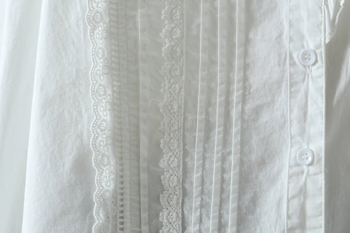 New Spring Cotton Casual White Shirts Women Loose Ruched Lace Blouse Girl Long Sleeve Sweet Sweet Top 2024 Autumn T455104QM