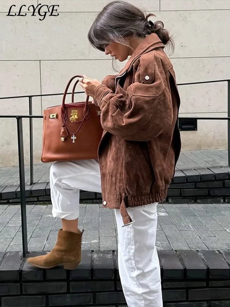 Street Women's Belt Short Suede Jackets Loose Lapel Full Sleeve Zipper Female Coats 2025 Spring Lady Vintage Patchwork Outwear