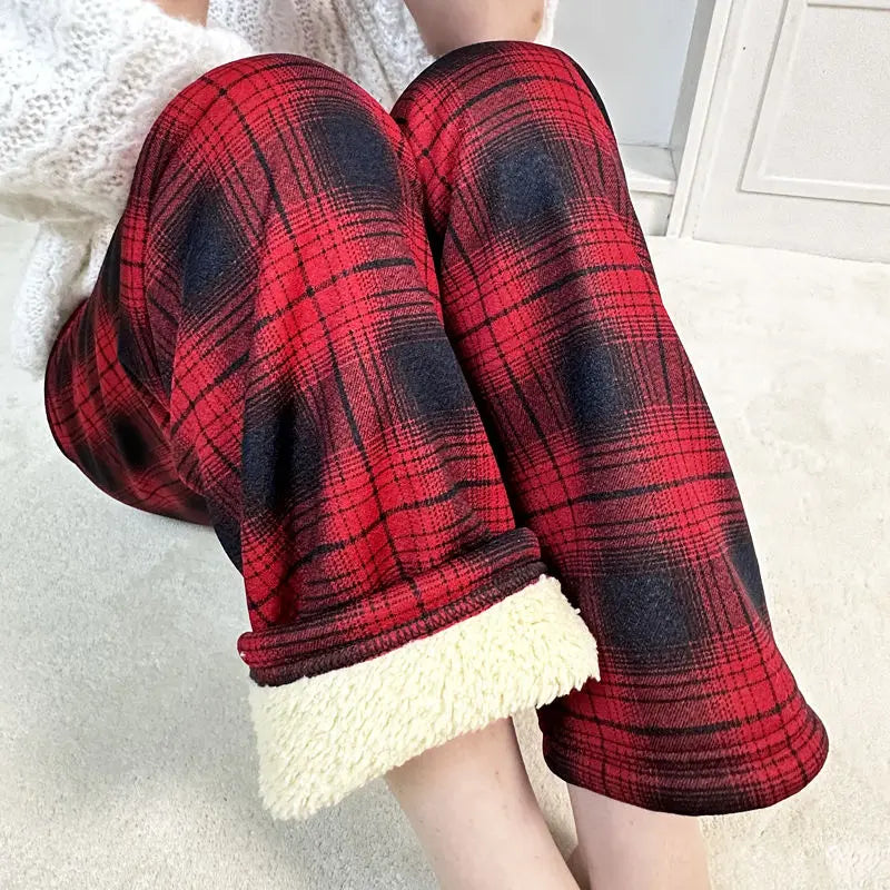 Padded Thickened Wide Leg Pants Winter LambswoolPlaid Pants Female High Waist Casual Straight Pants
