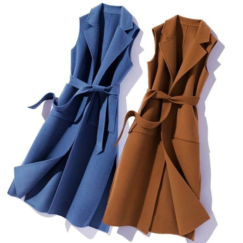 Women's Clothing Autumn Winter Jackets Korean Mid Long Sleeveless Polo Collar Vest Fat MM Waist Elegant Casual Coat Vests Coats