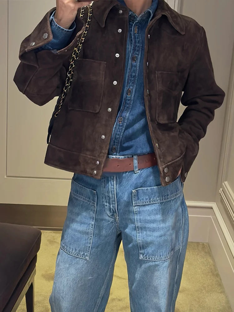 Big Pockets Suede Short Women's Jackets Vintage Lapel Single Breasted Full Sleeve Jacket Lady 2025 Spring Fashion Streetwears