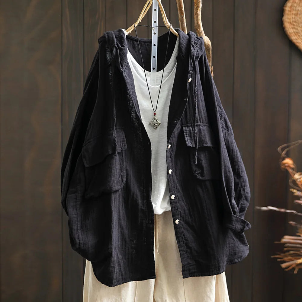 100% Cotton yarn hoodies for women summer Japan style hooded short long solid shirts and blouse big size tops