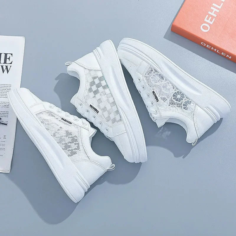 Women's Shoes Summer 2023 Fashion Casual White Shoes Lace  Breathable Hollow Mesh Platform Flat Shoes Woman Sneakers
