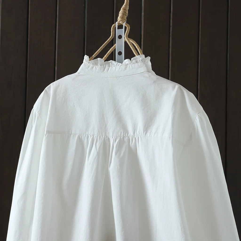New Spring Cotton Casual White Shirts Women Loose Ruched Lace Blouse Girl Long Sleeve Sweet Sweet Top 2024 Autumn T455104QM