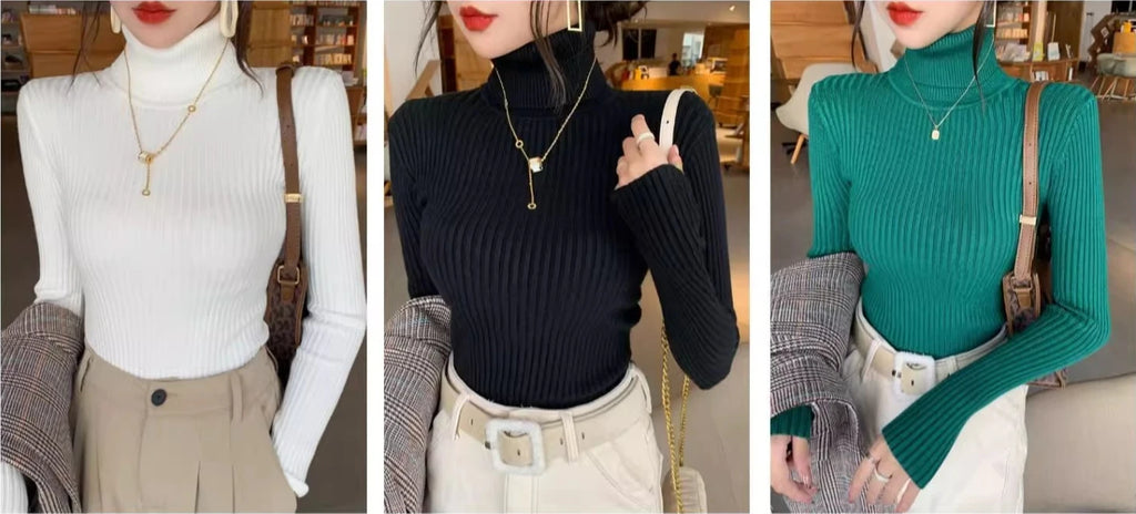 2025 Base Sweater Autumn Winter Thick Turtleneck Sweater Casual Slim Knitted Pullover Korean Style Simple Base Layer Warm Tops