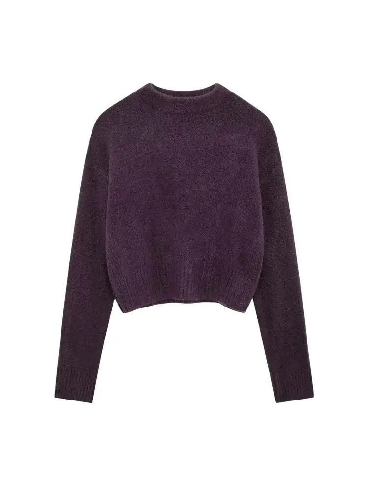 TRZA-Women's Soft Cropped Knit Sweater, Side Vents, O Neck, Long Sleeve, Female Pullovers, Chic Tops, Fashion