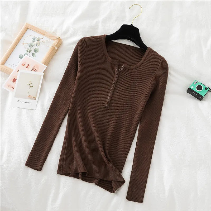 2025 Autumn Winter Button V Neck Sweater Women Basic Slim Pullover Women Sweaters And Pullovers Knit Jumper Soft Warm Tops