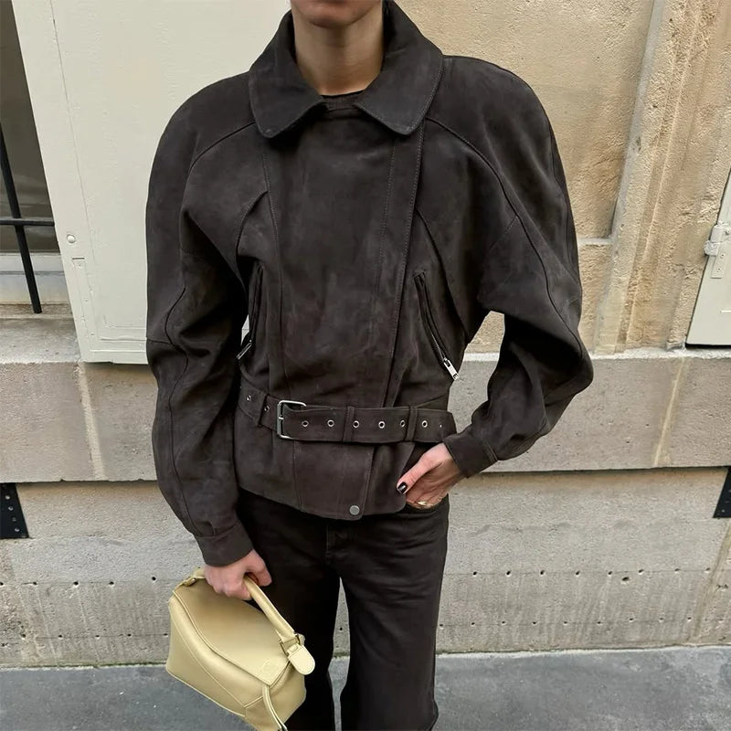 Street Women's Belt Short Suede Jackets Loose Lapel Full Sleeve Zipper Female Coats 2025 Spring Lady Vintage Patchwork Outwear