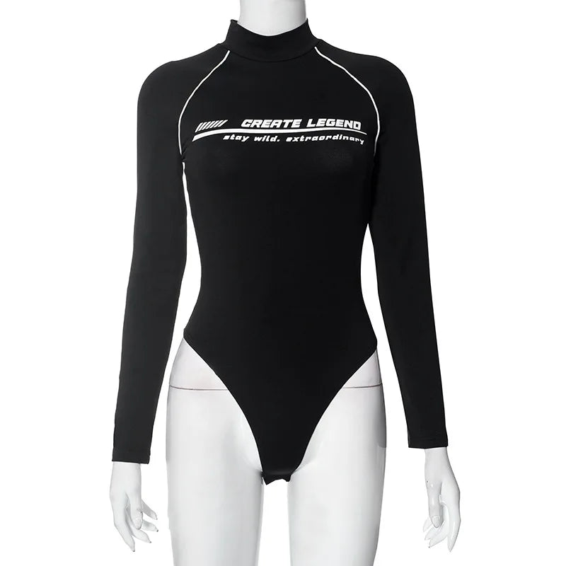 Long Sleeve Body Suits Women Fall Winter Clothes Letter Printed Black White Graphic Tops Y2k Streetwear