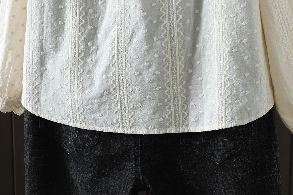 New Autumn Cotton Shirt Women Lapel Embroidery Lace Top Girl Long Sleeve Loose Sweet Casual Blouse Retro 2024 Spring T41816QM