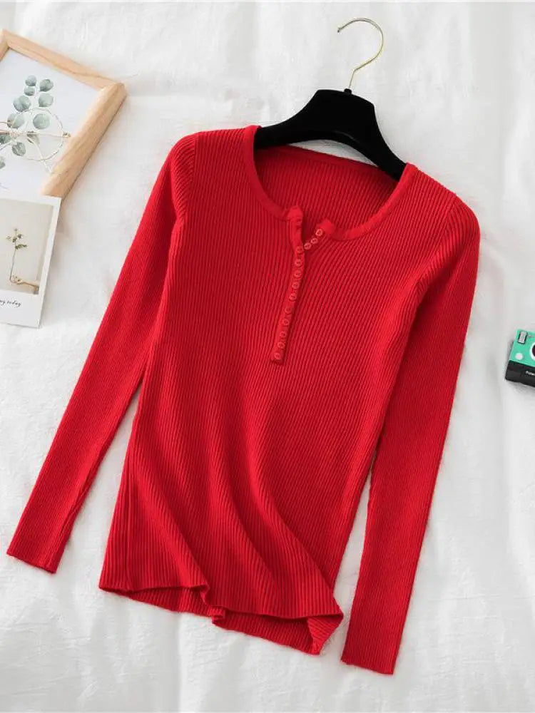 2025 Autumn Winter Button V Neck Sweater Women Basic Slim Pullover Women Sweaters And Pullovers Knit Jumper Soft Warm Tops