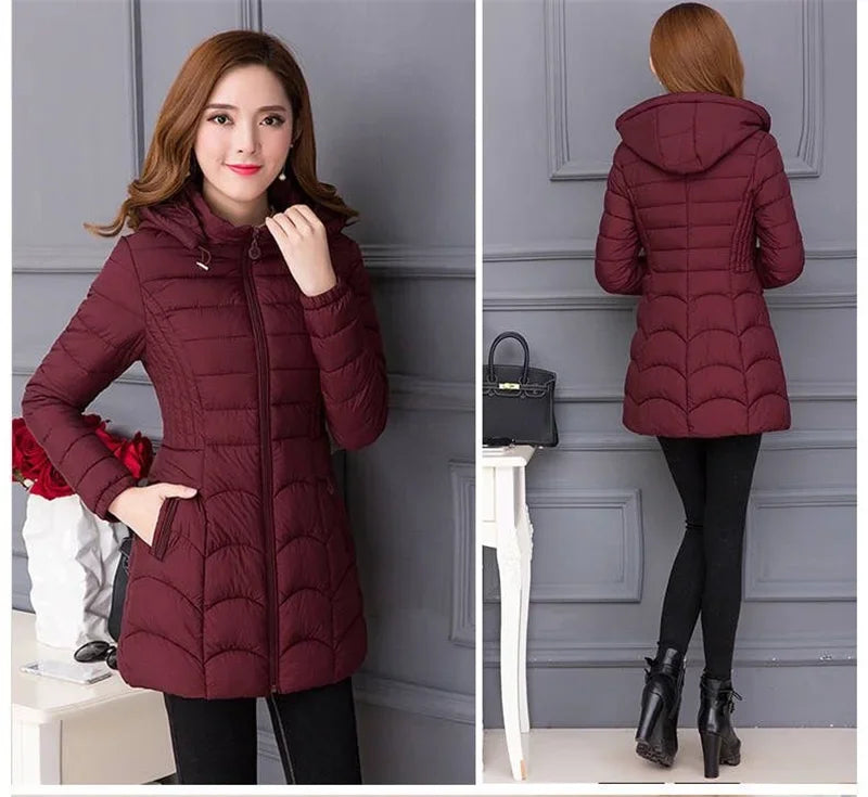 Winter Coat Women 2025 Fashion Middle Age Mother Slim Down Cotton Hooded Jacket Plus Size Casual Solid Warm Thick Outwear Parka