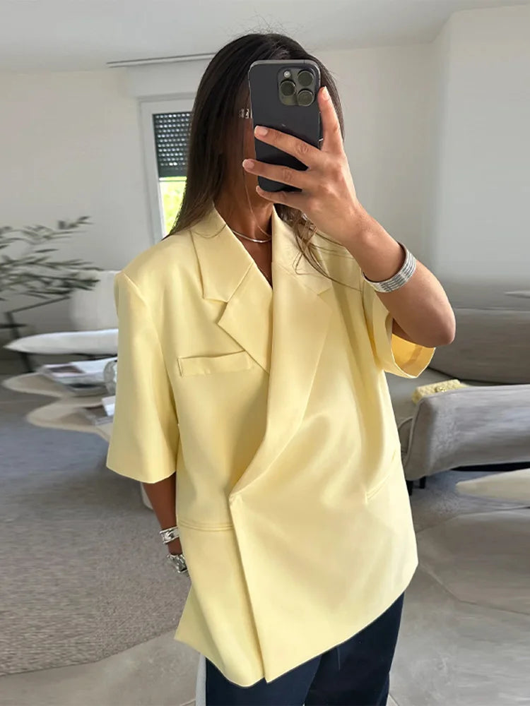 Oversize Elegant Suit Jacket Women Coat Single Breasted Shoulder Pads Notched Commute Pocket Split Street 2025 Summer Outwear