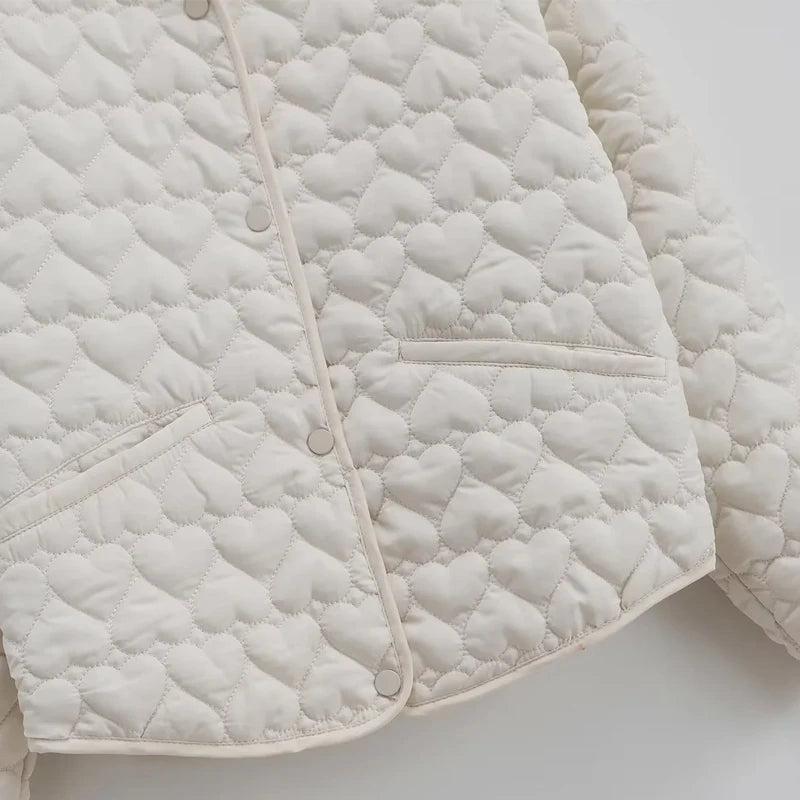 TRAF Winter Coats Woman Parkas Heart Quilted Jacket Women Autumn Long Sleeve Black White Padded Jacket Warm Lightweight Coat