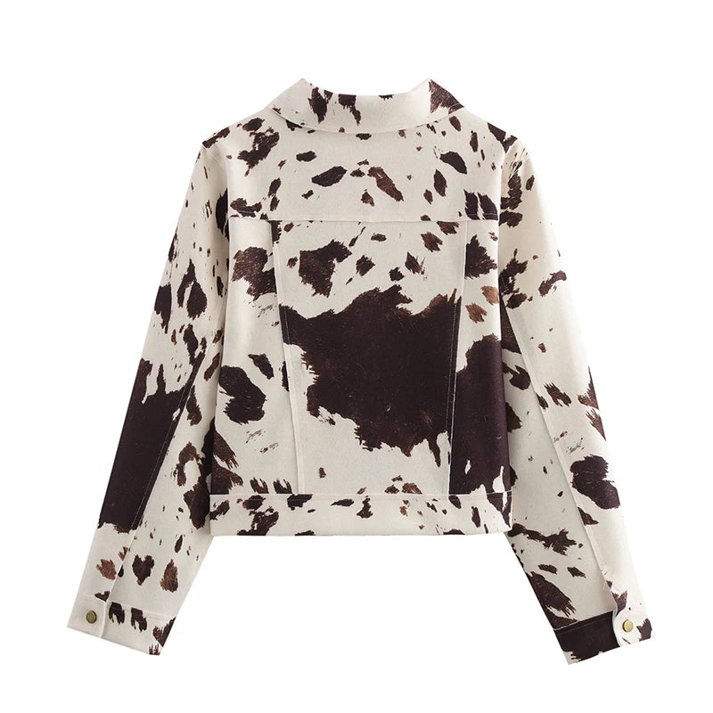 YENKYE Vintage Print Crop Jacket For Women Casual Long Sleeve Button Pockets Coats 2025 New Lady High Street Outerwear