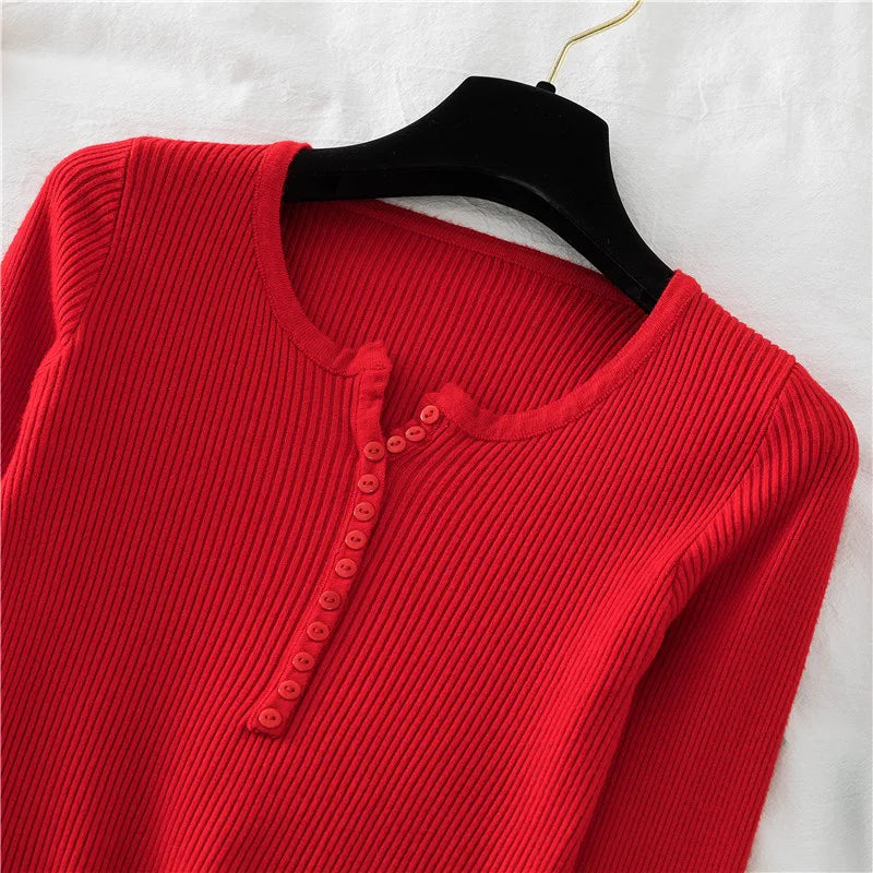 2025 Autumn Winter Button V Neck Sweater Women Basic Slim Pullover Women Sweaters And Pullovers Knit Jumper Soft Warm Tops