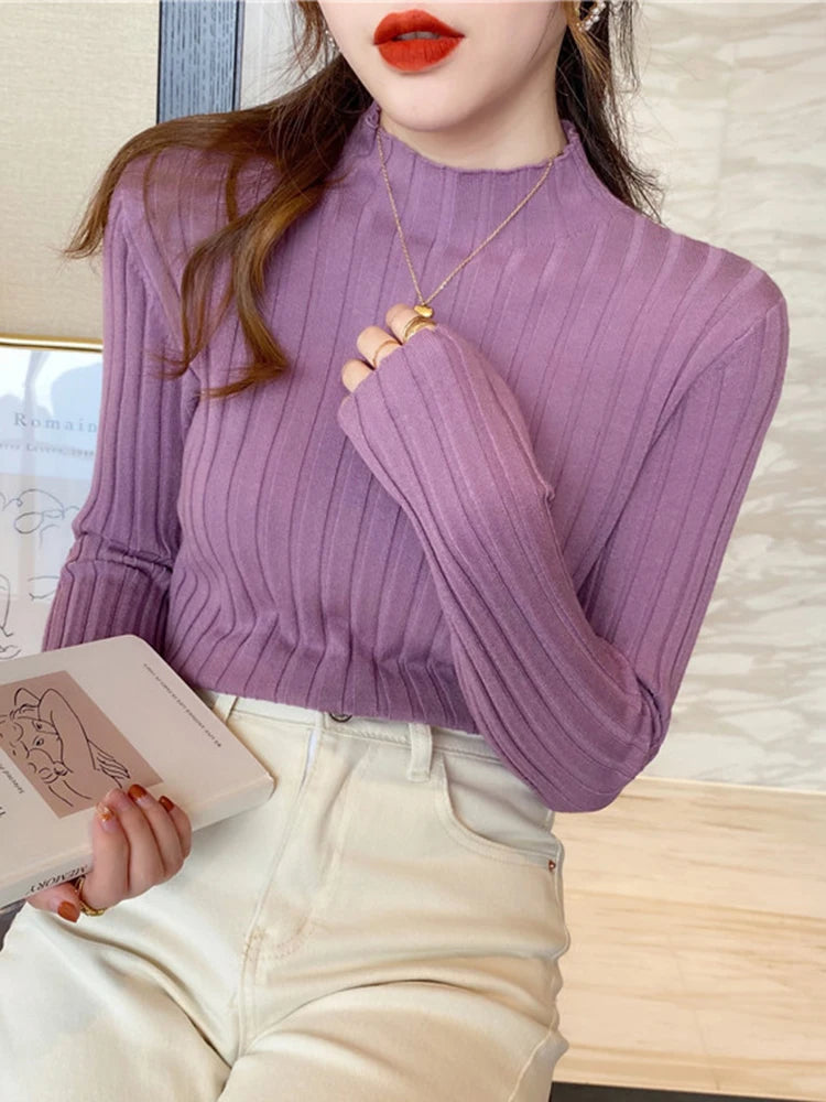 Autumn Winter Knitted Ribbed Turtleneck Sweater Women Clothes 2025 Long Sleeve Slim Basic Pullover Woman Sweaters Solid Tops