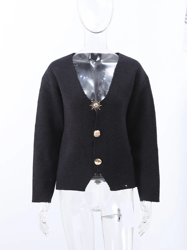 Elegant V-neck Solid Knitted Cardigan For Women 2025 Spring Long Sleeves Single Breasted Sweater Female Street Y2K Chic Knitwear