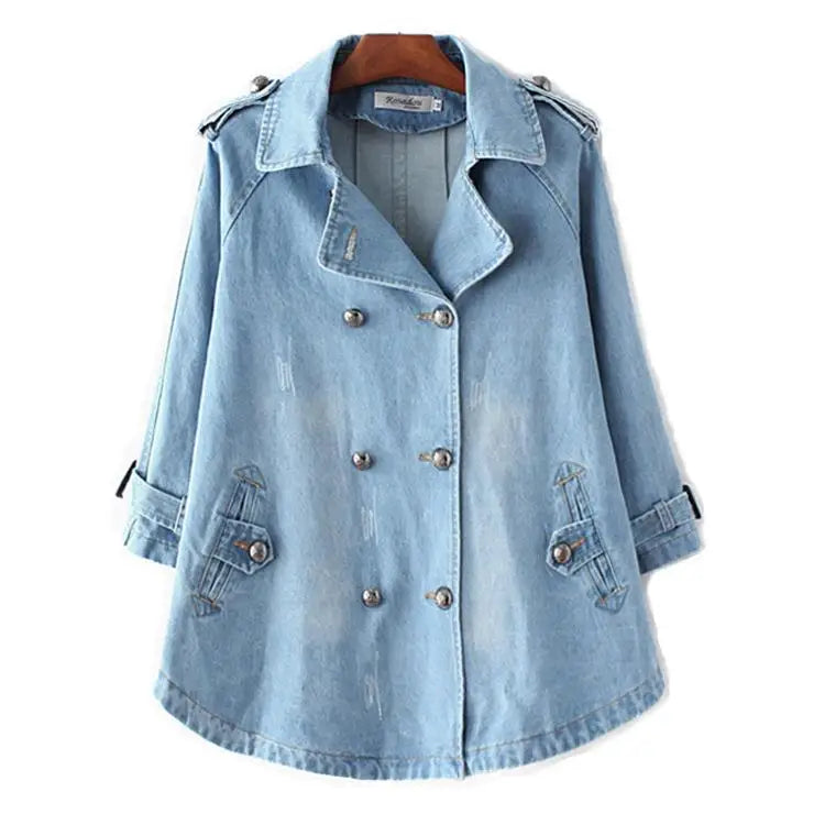 Denim Cape Coat Female Jacket Double Breasted Jackets Women Office Lady Windbreaker Denim Basic Coats 2024 Autumn Overcoat