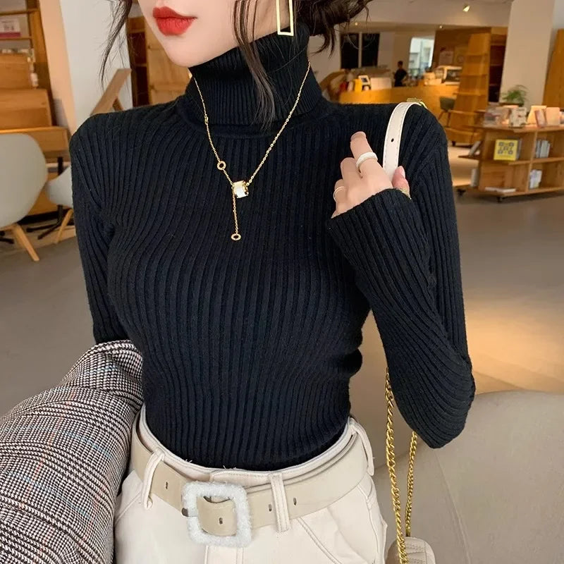 2025 Base Sweater Autumn Winter Thick Turtleneck Sweater Casual Slim Knitted Pullover Korean Style Simple Base Layer Warm Tops