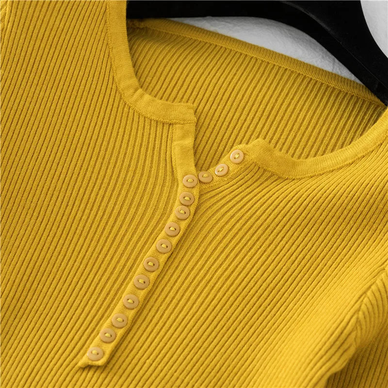 2025 Autumn Winter Button V Neck Sweater Women Basic Slim Pullover Women Sweaters And Pullovers Knit Jumper Soft Warm Tops