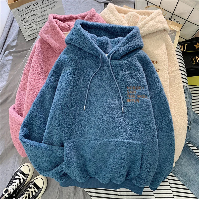 New Autumn Winter Clothes Thick Warm Coat Velvet Cashmere Women Hoody Sweatshirt Casual Tops Lady Loose Apricot Be Fun Pullover