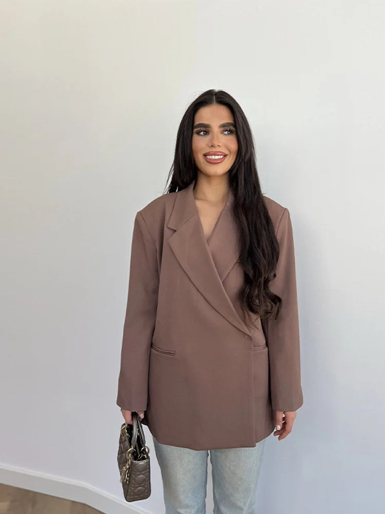 Oversize Elegant Suit Jacket Women Coat Single Breasted Shoulder Pads Notched Commute Pocket Split Street 2025 Summer Outwear