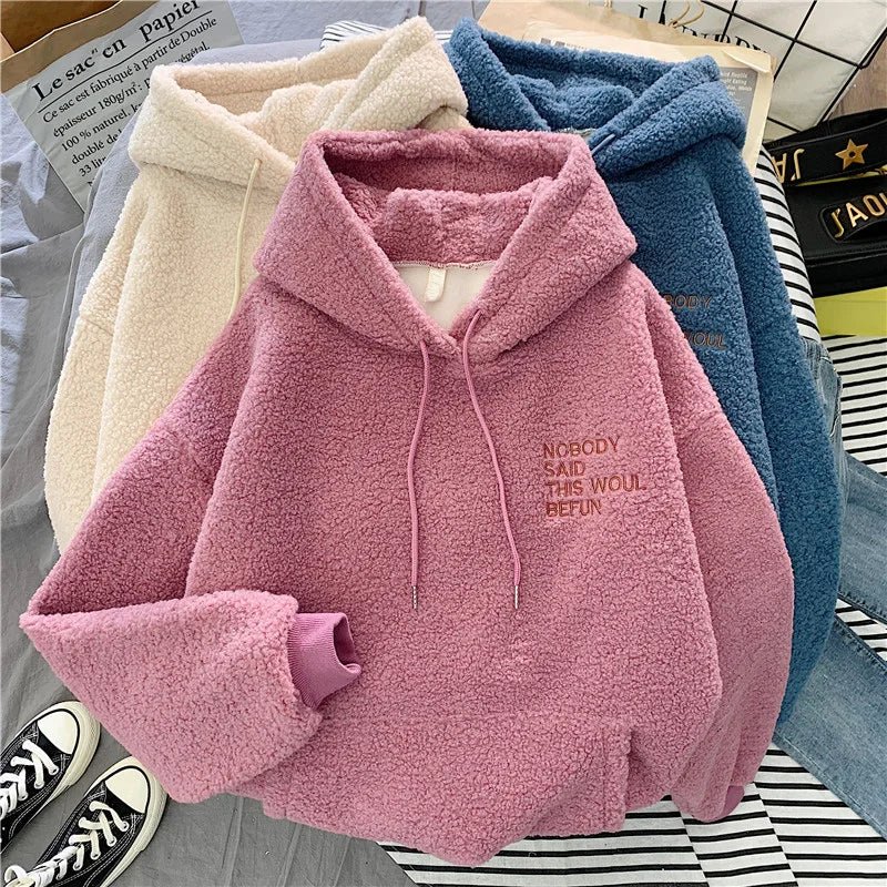 New Autumn Winter Clothes Thick Warm Coat Velvet Cashmere Women Hoody Sweatshirt Casual Tops Lady Loose Apricot Be Fun Pullover