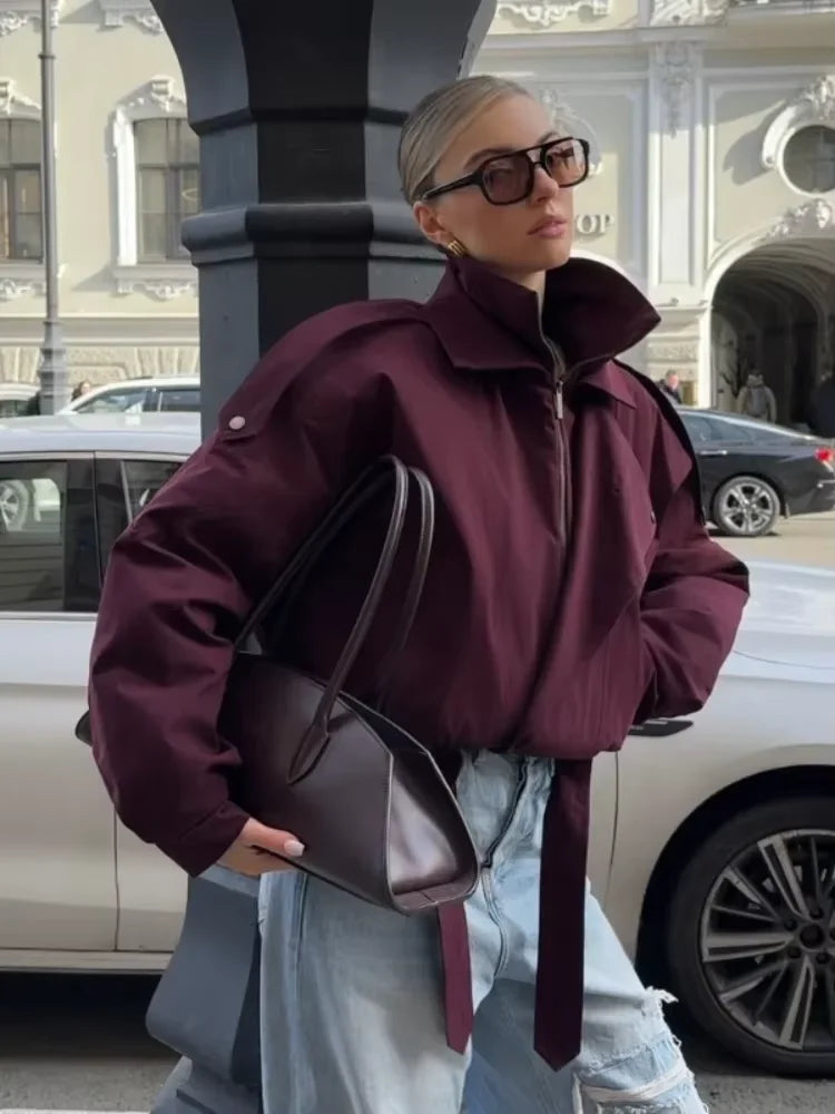 Women Khaki Lace Up Pocket Windbreaker Casual Long Sleeve Stand Up Collar Loose Short Jacket New Female High Street Wear 2025