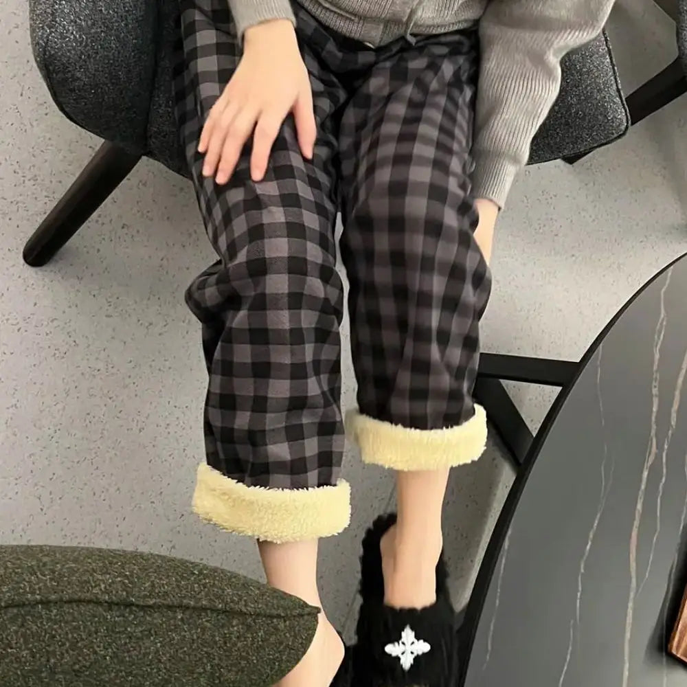 Padded Thickened Wide Leg Pants Winter LambswoolPlaid Pants Female High Waist Casual Straight Pants