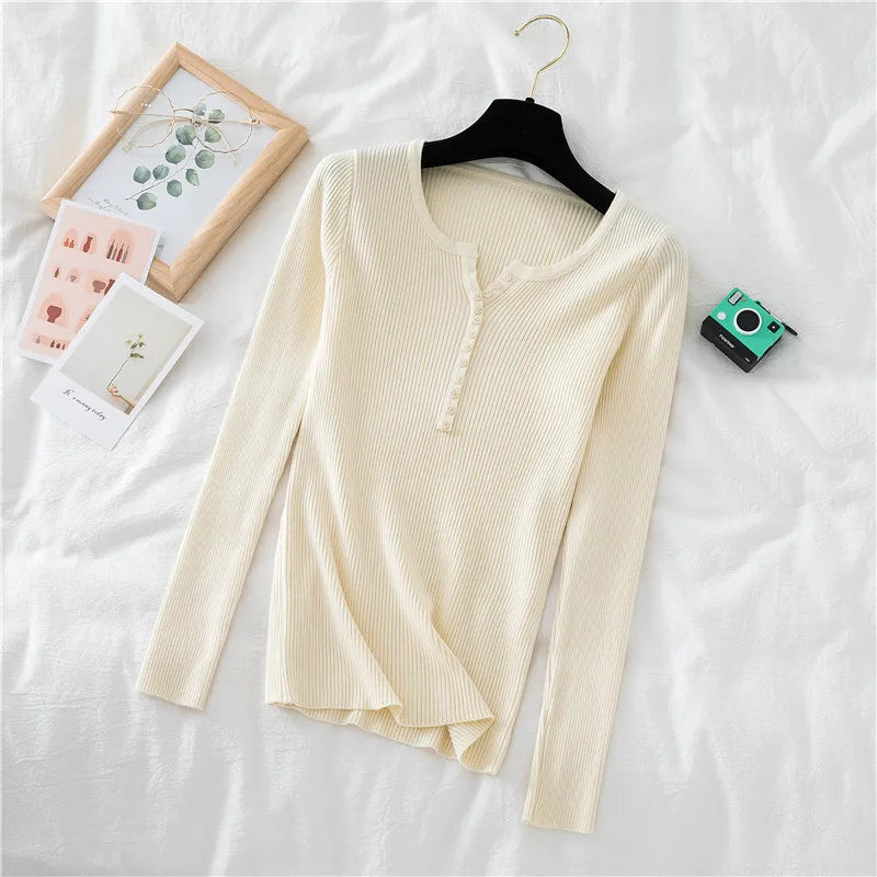 2025 Autumn Winter Button V Neck Sweater Women Basic Slim Pullover Women Sweaters And Pullovers Knit Jumper Soft Warm Tops