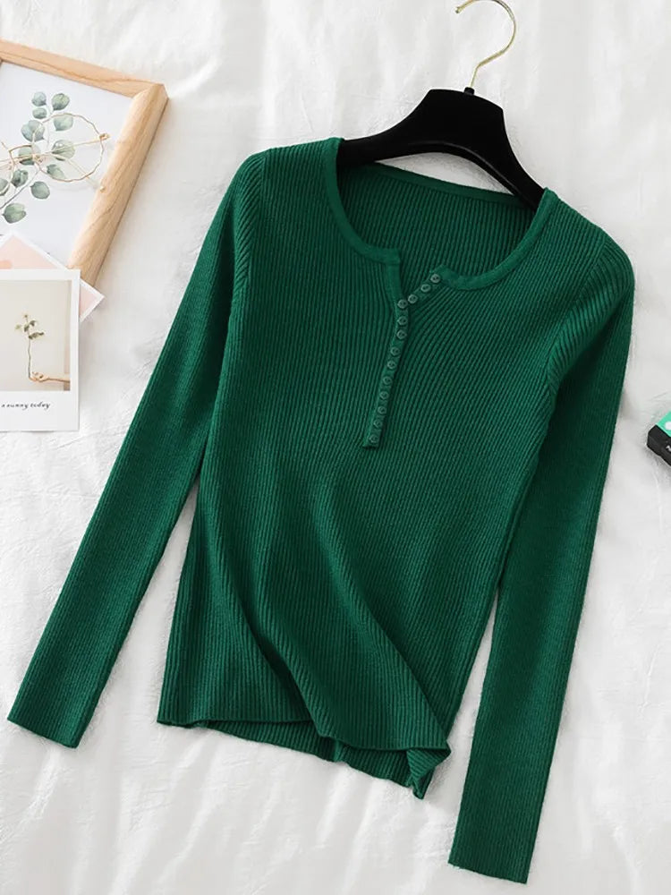 2025 Autumn Winter Button V Neck Sweater Women Basic Slim Pullover Women Sweaters And Pullovers Knit Jumper Soft Warm Tops