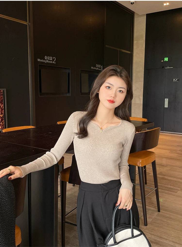 2025 Basic V-neck Chic  Autumn Winter Pullover Women Female Knitted Ribbed Sweater Slim Long Sleeve Badycon High Quality Sweater