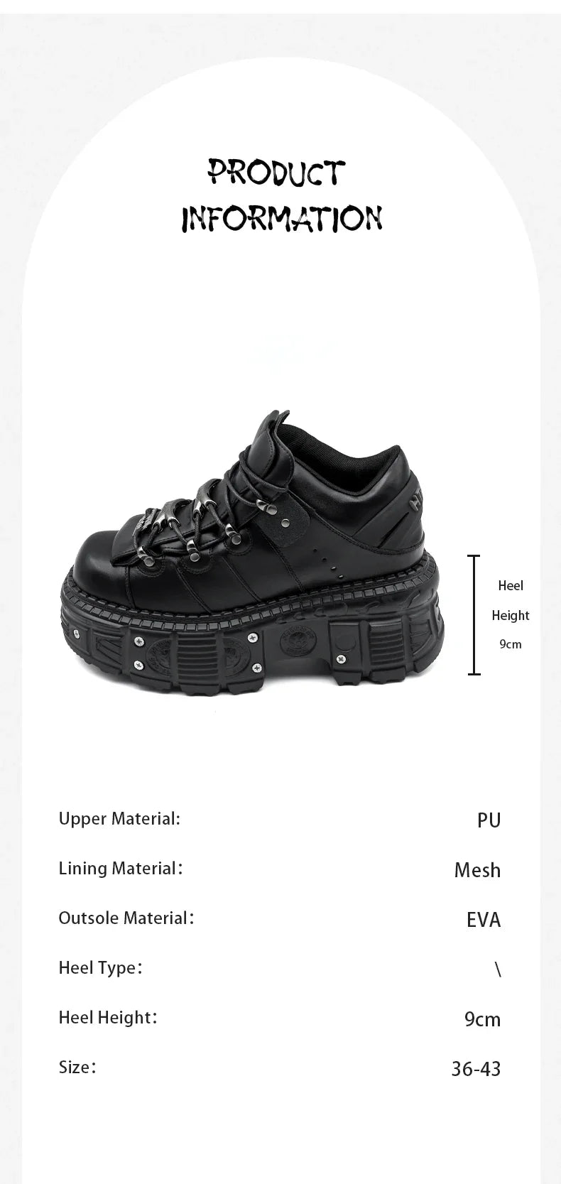 2025  Woman Sneakers New Punk Style Women Shoes Gothic Ankle Rock Boots Lace-up Heel Height Platform Shoes Woman Metal Decor