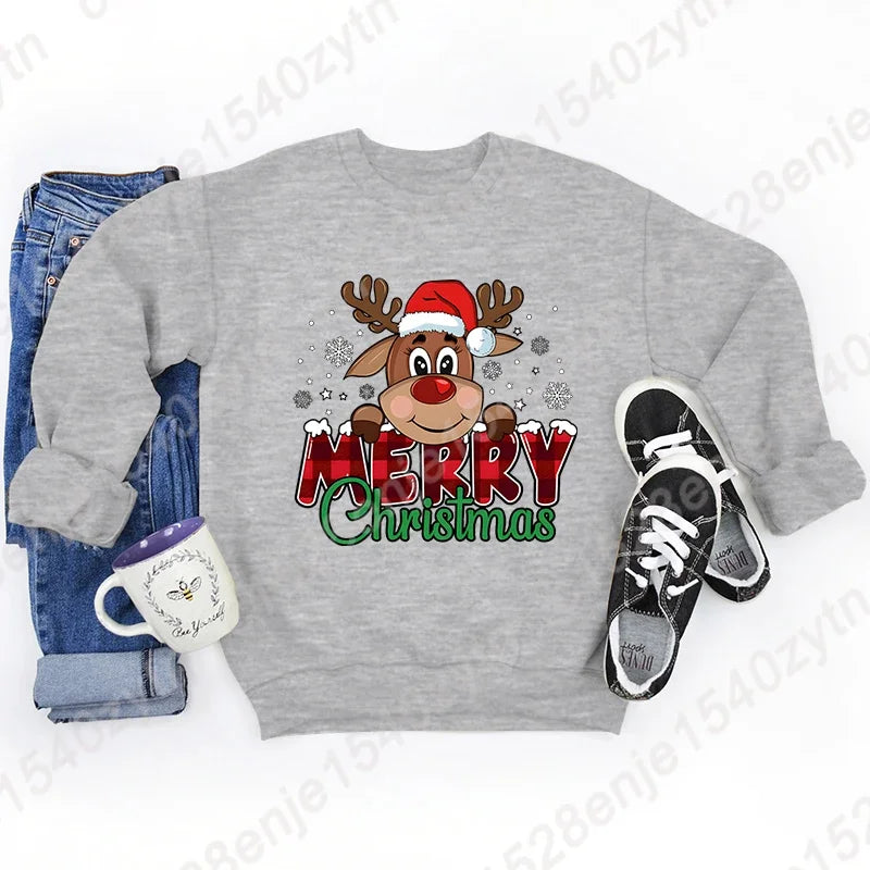 Women's Festive Christmas Reindeer & Plaid Graphic Sweatshirt Casual Loose Fit Long Sleeve Crew Neck Sweatshirts for Winter