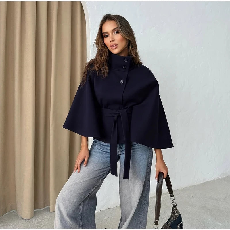 Fashion Solid Women's Lace Up Woolen Coats Loose Stand Collar Button Long Sleeve Thick Jackets 2025 Autumn Winter Lady Outerwear